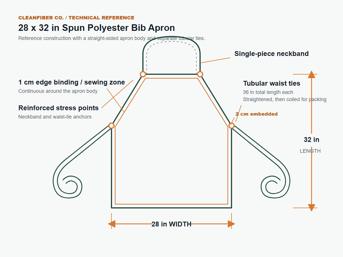 Technical reference drawing for a 28 by 32 inch spun polyester bib apron with optional pocket configurations