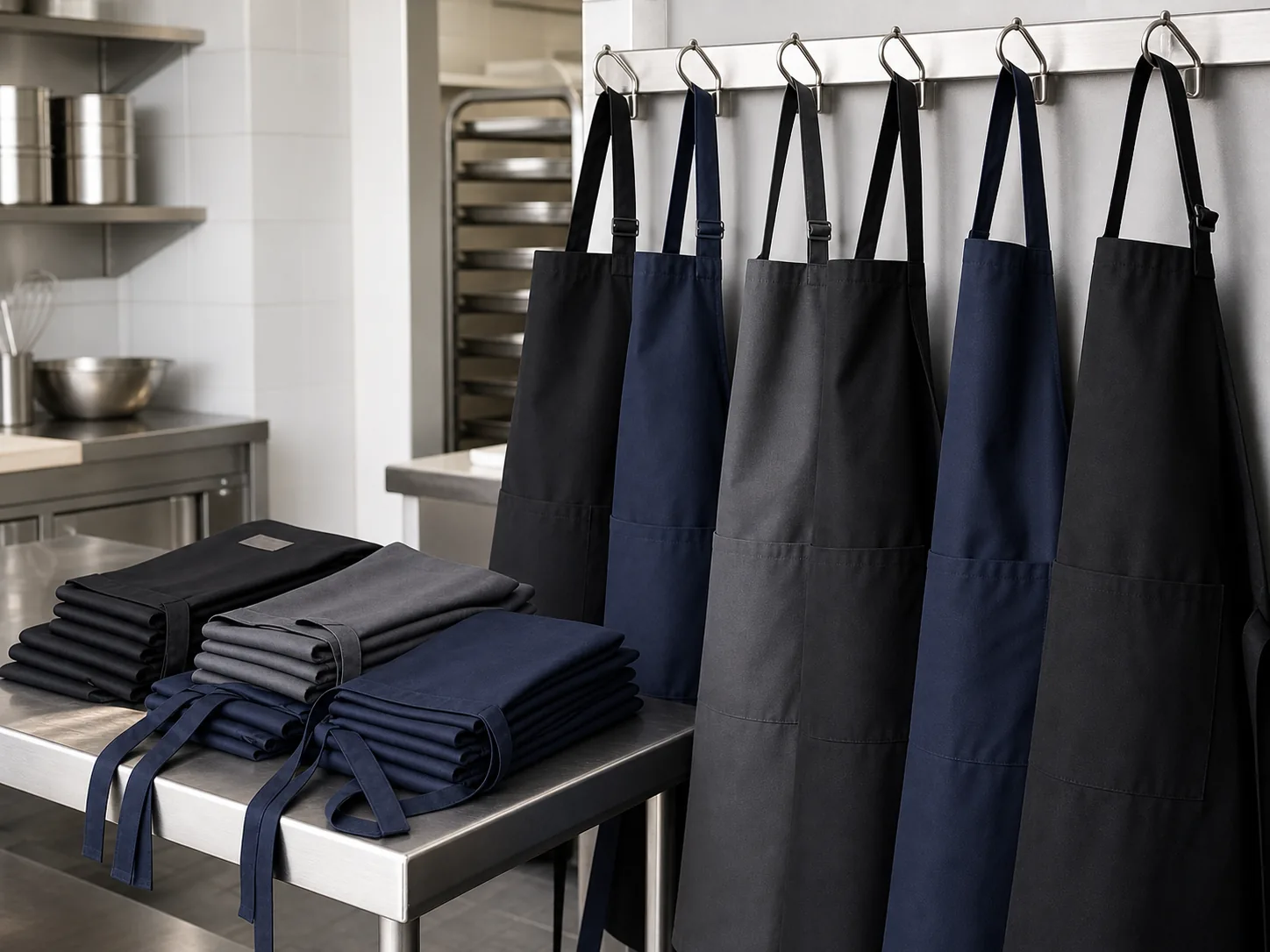 Commercial spun polyester aprons in black navy and charcoal