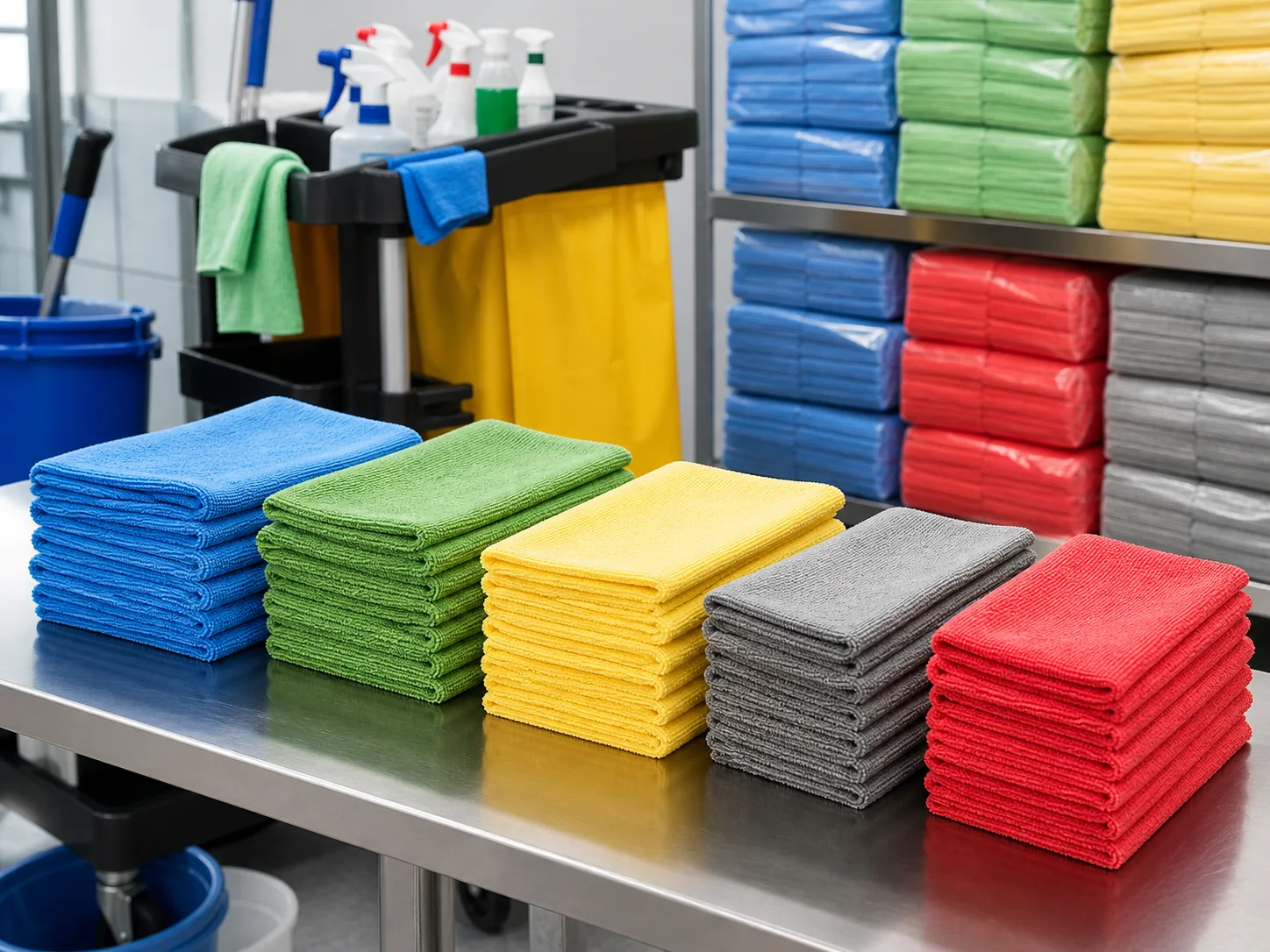 Color-coded microfiber cleaning cloth stacks