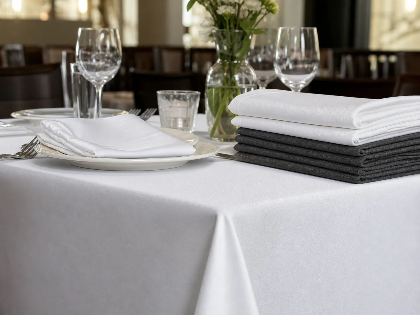 Spun polyester napkins and tablecloth on restaurant table