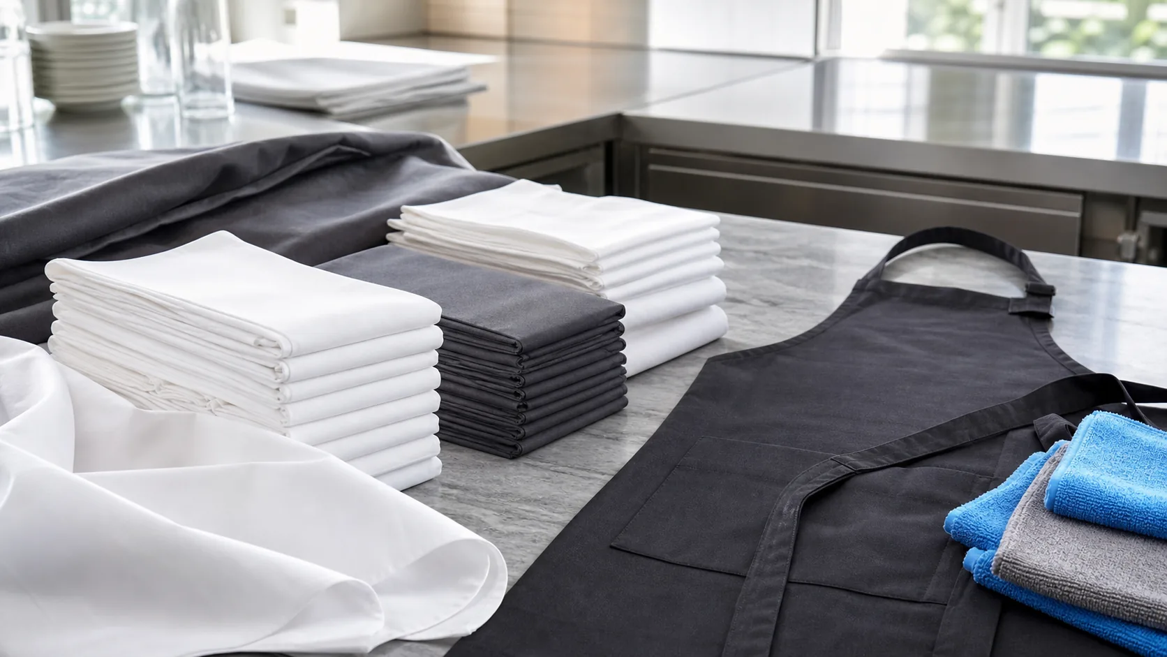 Commercial microfiber cloths, spun polyester linens and aprons on a prep table