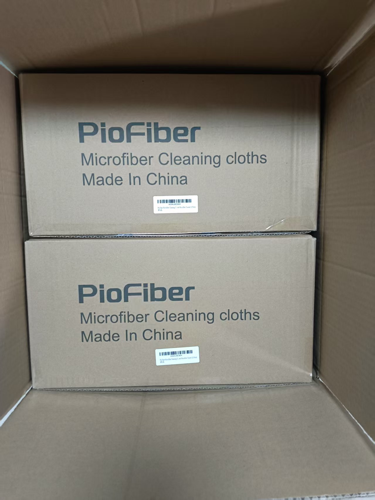 PioFiber private-label microfiber cleaning cloth cartons with barcode labels